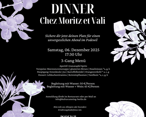 Flyer auf Schwarzem Hintergrund mit Illustrationen von Gräsern, Blättern, Weinglas, Cocktailglas.